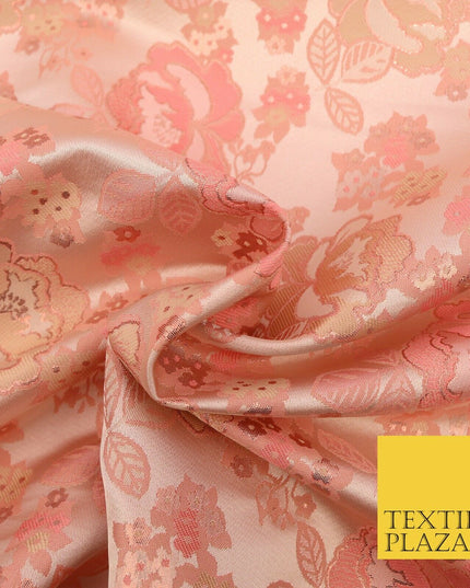 Blush Peach Premium Floral Carnation Satin Brocade Jacquard Dress Fabric 1699