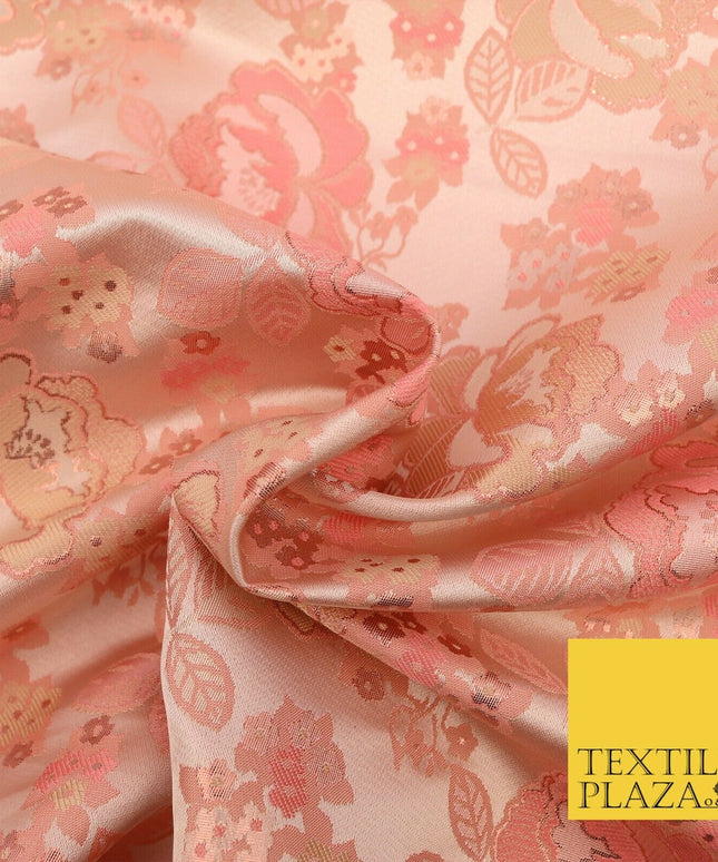 Blush Peach Premium Floral Carnation Satin Brocade Jacquard Dress Fabric 1699