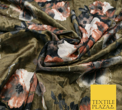 Khaki Green Brown Floral Blossom Printed Soft Velvet Dress Fabric Craft 1689