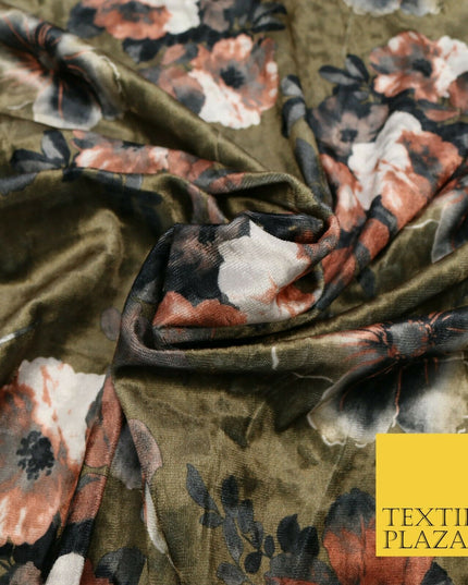 Khaki Green Brown Floral Blossom Printed Soft Velvet Dress Fabric Craft 1689