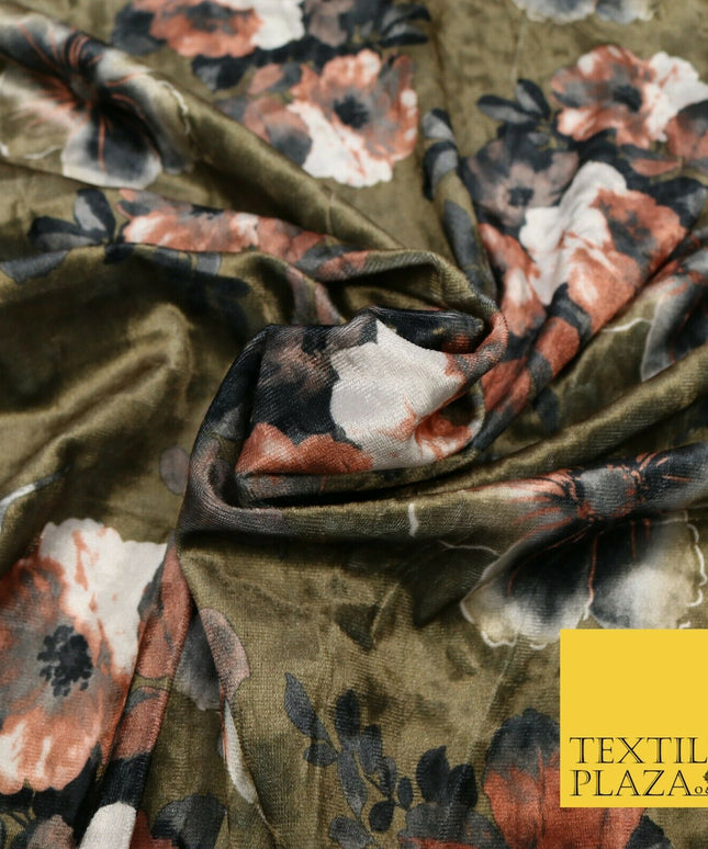 Khaki Green Brown Floral Blossom Printed Soft Velvet Dress Fabric Craft 1689