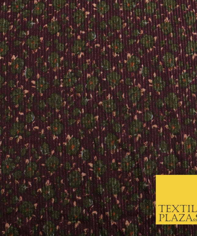PLUM KHAKI GREEN Floral Ribbed Sparkle Stripe Dress Fabric Skirts 59" 1480