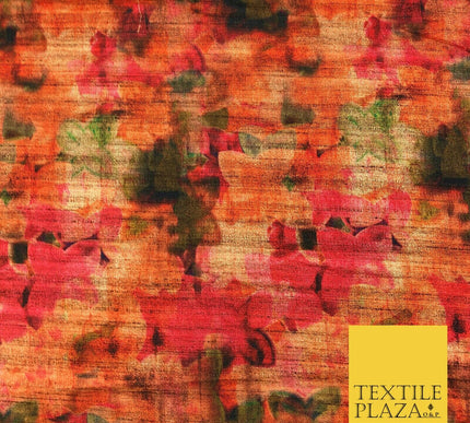 ORANGE Floral Blur Shades Digital Print Faux Raw Silk Fabric Dress Craft 1472