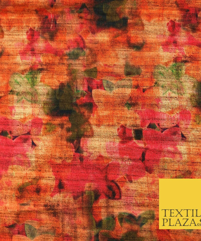 ORANGE Floral Blur Shades Digital Print Faux Raw Silk Fabric Dress Craft 1472