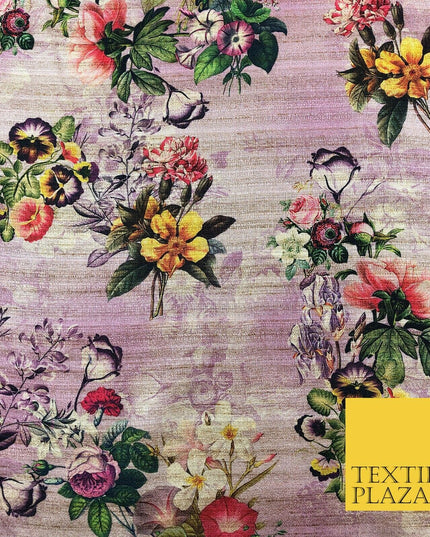 LILAC Garden Mix Floral Digital Print Faux Raw Silk Fabric Dress Craft 1468