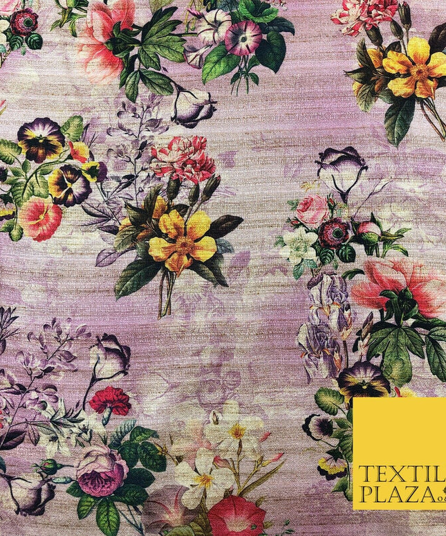LILAC Garden Mix Floral Digital Print Faux Raw Silk Fabric Dress Craft 1468