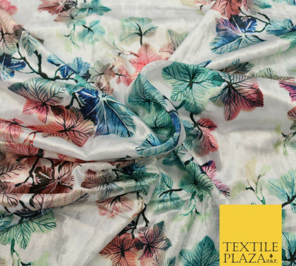 White Ivory Oriental Leaves Printed Soft Velvet Dress Fabric Stretch Craft 1683