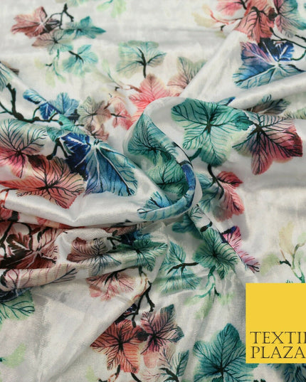 White Ivory Oriental Leaves Printed Soft Velvet Dress Fabric Stretch Craft 1683