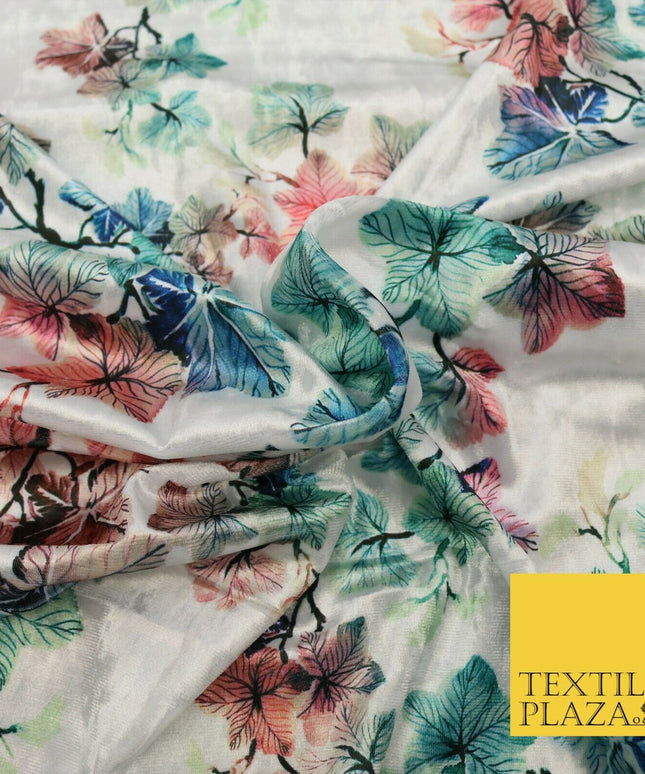 White Ivory Oriental Leaves Printed Soft Velvet Dress Fabric Stretch Craft 1683