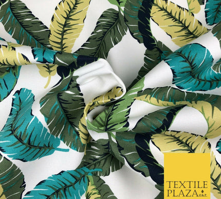 Green Botanical Leaves 100% COTTON CANVAS White Print Fabric Craft 1400