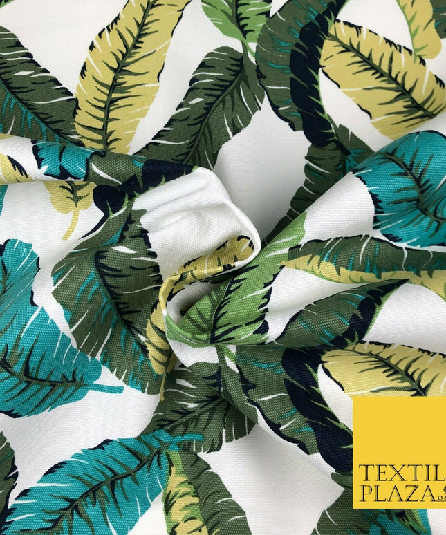 Green Botanical Leaves 100% COTTON CANVAS White Print Fabric Craft 1400