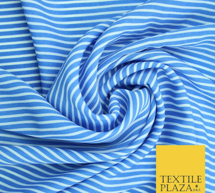 Denim Blue White Dusty Pink Striped Pinstripe Lines Polyester Crepe Dress Fabric