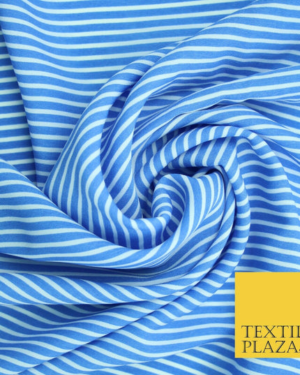 Denim Blue White Dusty Pink Striped Pinstripe Lines Polyester Crepe Dress Fabric