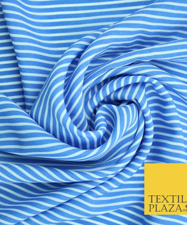 Denim Blue White Dusty Pink Striped Pinstripe Lines Polyester Crepe Dress Fabric