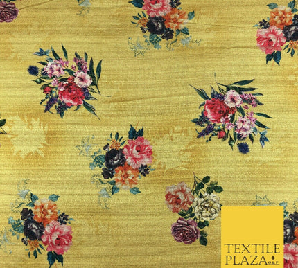 MUSTARD GOLD Floral Cluster Digital Print Faux Raw Silk Fabric Dress Craft 1465