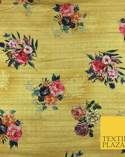 MUSTARD GOLD Floral Cluster Digital Print Faux Raw Silk Fabric Dress Craft 1465