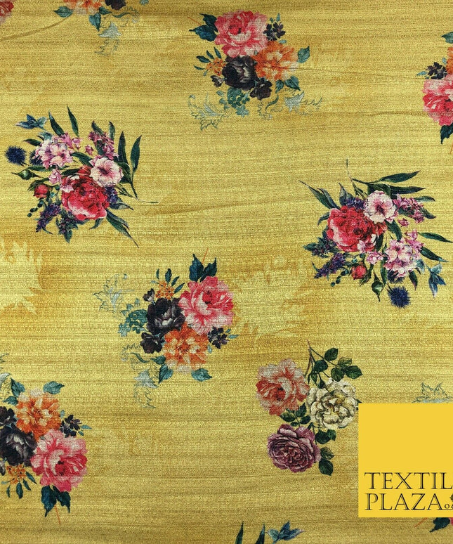 MUSTARD GOLD Floral Cluster Digital Print Faux Raw Silk Fabric Dress Craft 1465