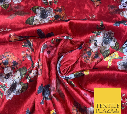 Cherry Red Floral Colour Bouquets Printed Soft Velvet Dress Fabric Craft 1692