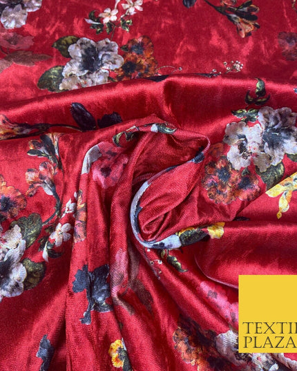Cherry Red Floral Colour Bouquets Printed Soft Velvet Dress Fabric Craft 1692