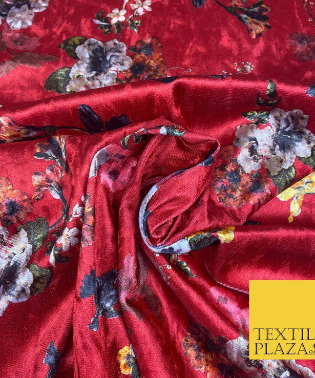 Cherry Red Floral Colour Bouquets Printed Soft Velvet Dress Fabric Craft 1692