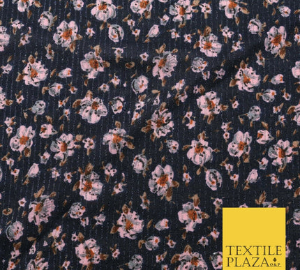 NAVY BLUE PINK Floral Ribbed Sparkle Stripe Dress Fabric Skirts 59" 1482