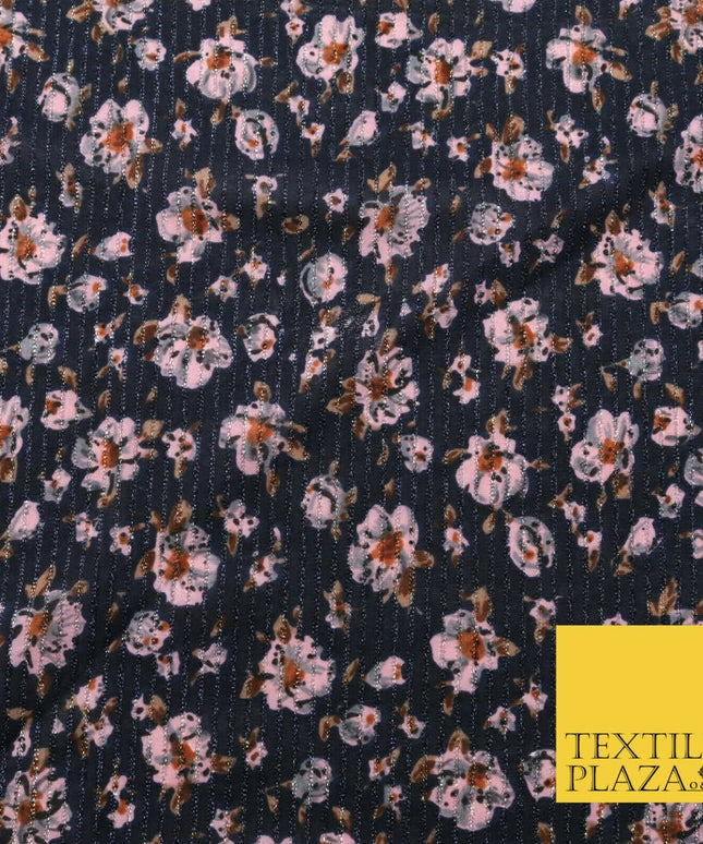 NAVY BLUE PINK Floral Ribbed Sparkle Stripe Dress Fabric Skirts 59" 1482