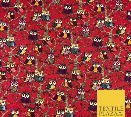 Cherry Red Tree Owls 100% COTTON CANVAS Print Fabric Craft Upholstery 1402