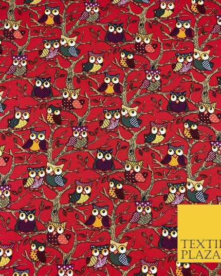 Cherry Red Tree Owls 100% COTTON CANVAS Print Fabric Craft Upholstery 1402