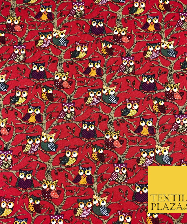 Cherry Red Tree Owls 100% COTTON CANVAS Print Fabric Craft Upholstery 1402