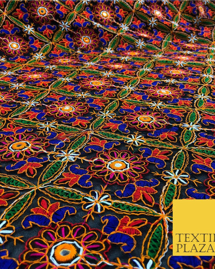 Black Phulkari Georgette Fancy Colourful Threadwork Diamond Pattern Dress JE313