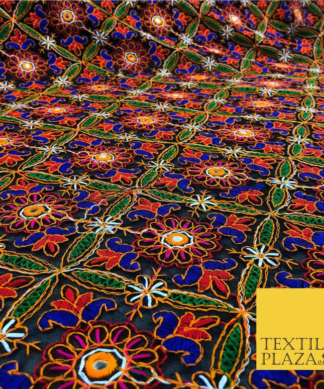 Black Phulkari Georgette Fancy Colourful Threadwork Diamond Pattern Dress JE313