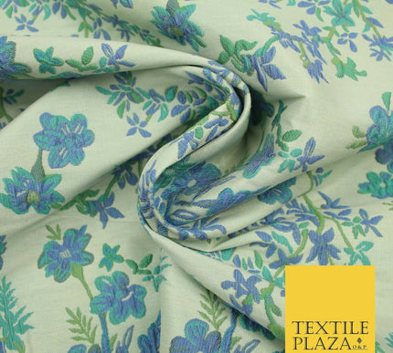 Cream Blue Floral Botanic Embossed Textured Brocade Jacquard Dress Fabric 1877