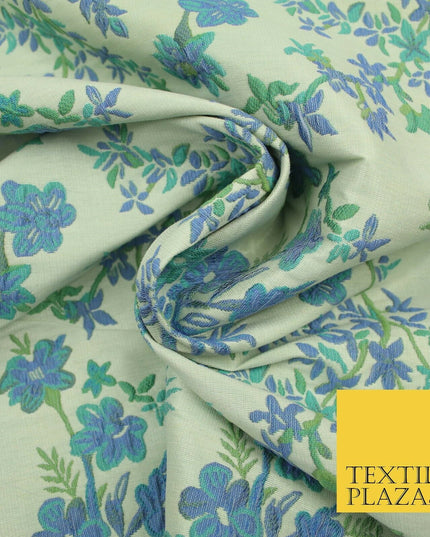 Cream Blue Floral Botanic Embossed Textured Brocade Jacquard Dress Fabric 1877