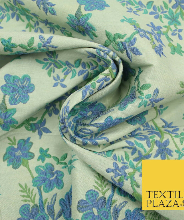 Cream Blue Floral Botanic Embossed Textured Brocade Jacquard Dress Fabric 1877