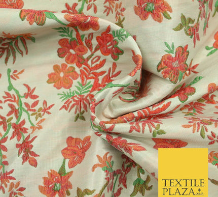 Cream Pink Floral Botanic Embossed Textured Brocade Jacquard Dress Fabric 1878