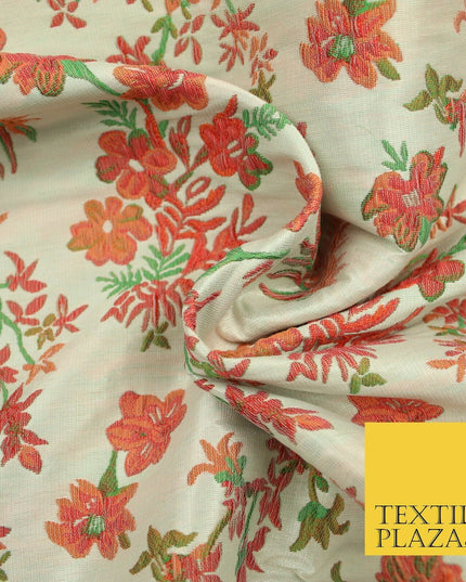 Cream Pink Floral Botanic Embossed Textured Brocade Jacquard Dress Fabric 1878