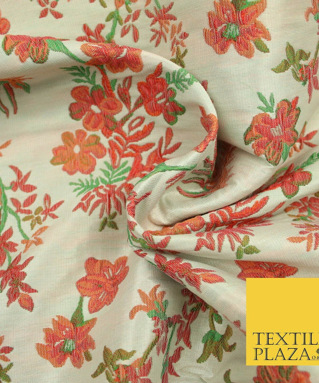 Cream Pink Floral Botanic Embossed Textured Brocade Jacquard Dress Fabric 1878