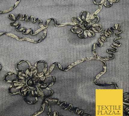 NAVY BLUE GOLD Floral Metallic Ribbon Sponge Net Fabric Scuba Craft Mesh 1474
