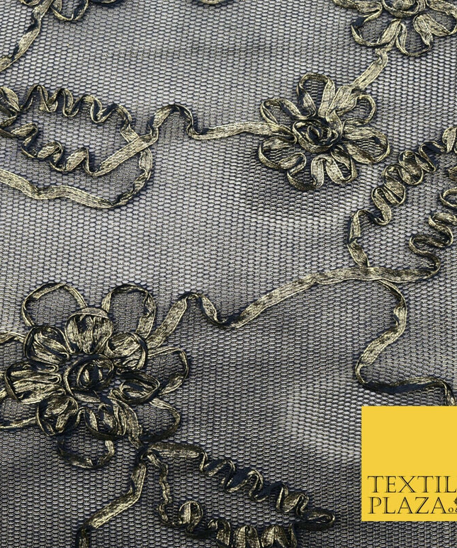 NAVY BLUE GOLD Floral Metallic Ribbon Sponge Net Fabric Scuba Craft Mesh 1474
