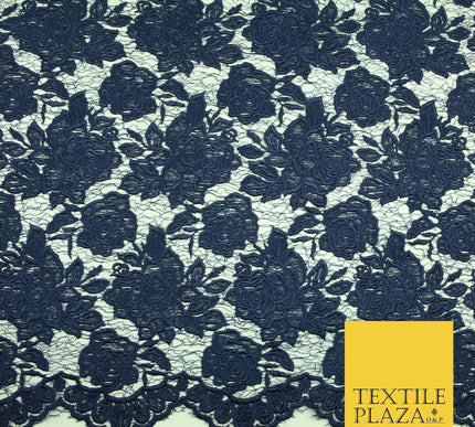 Ornate Floral Rose Scalloped Embroidered Webbed Net Lace Dress Fabric Wedding