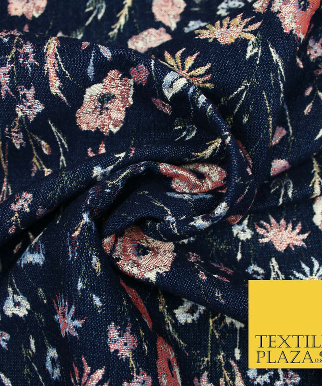 Navy Blue Floral Lurex Metallic Brocade Jacquard Strong Dress Fabric 1885