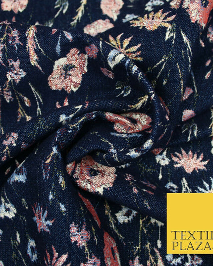 Navy Blue Floral Lurex Metallic Brocade Jacquard Strong Dress Fabric 1885