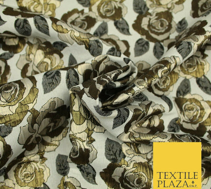 Luxury Ivory Metallic Gold Carnation Textured Brocade Jacquard Dress Fabric 1876