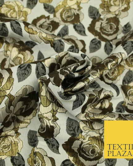 Luxury Ivory Metallic Gold Carnation Textured Brocade Jacquard Dress Fabric 1876