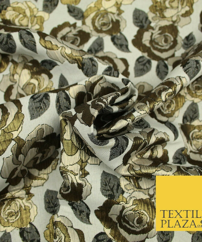 Luxury Ivory Metallic Gold Carnation Textured Brocade Jacquard Dress Fabric 1876