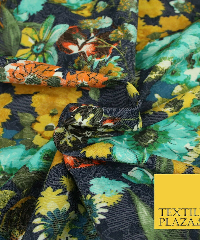 Luxury Navy Blue Flower Garden Stretch Floral Jacquard Dress Fabric 1879