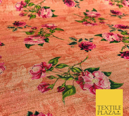 PEACH Floral Rose Digital Print Faux Raw Silk Fabric - Dress Craft 1459