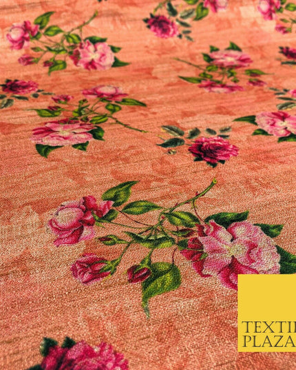 PEACH Floral Rose Digital Print Faux Raw Silk Fabric - Dress Craft 1459