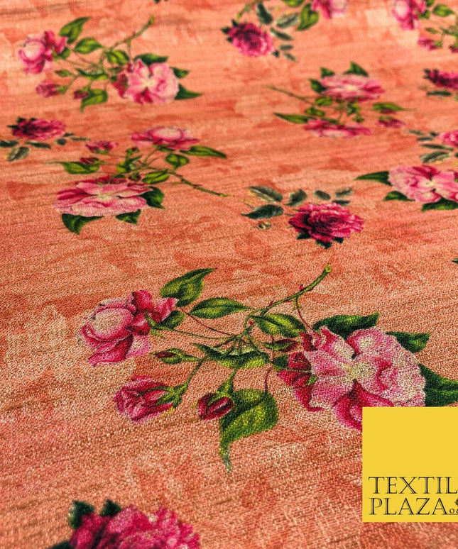 PEACH Floral Rose Digital Print Faux Raw Silk Fabric - Dress Craft 1459