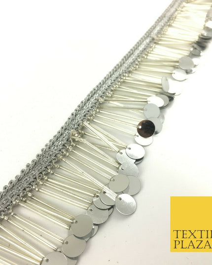 Silver Sequin Glass Tube Fringe Tassel Drop Trim Ribbon Border Dance Lace (X178)